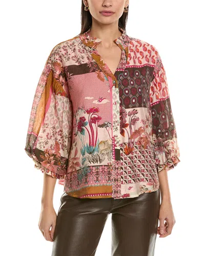 Fate Patchwork Print Bubble Sleeve Blouse In White