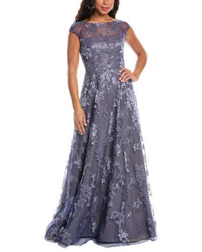 Rene Ruiz Illusion Neckline Embroidered A-line Gown In Blue