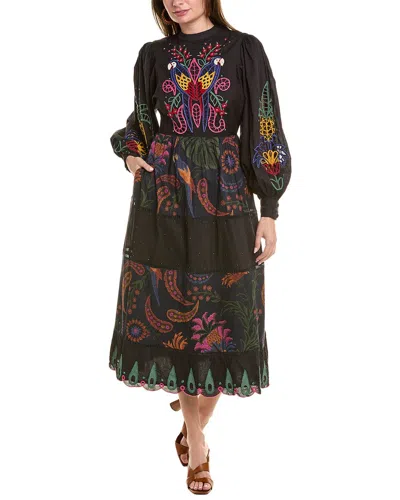 Farm Rio Tropical Tapestry Embroidered Midi Dress In Blue