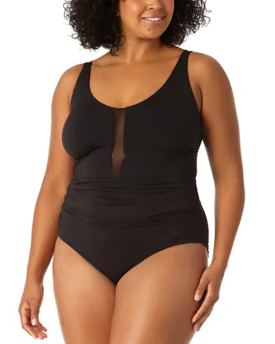 Anne Cole Plunge Mesh Insert One-piece In Black