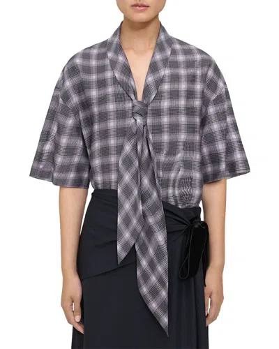 Theory Wrinkle Check Silk-blend Top In Grey