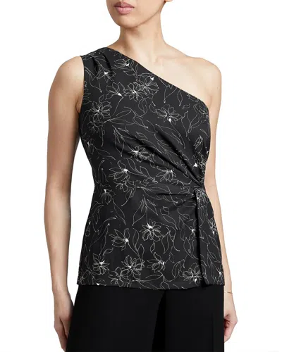 Santorelli Neda Draped One-shoulder Floral-print Blouse In Black