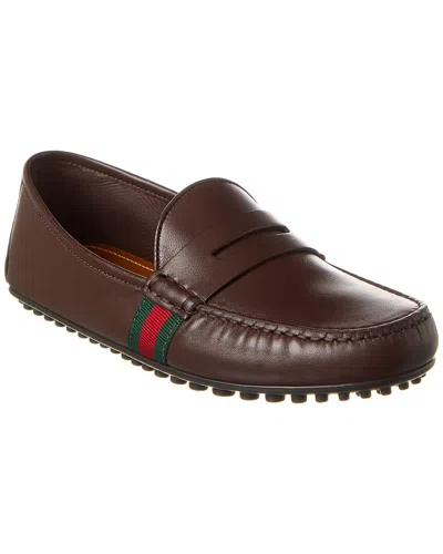 Gucci Web Leather Driver In Brown