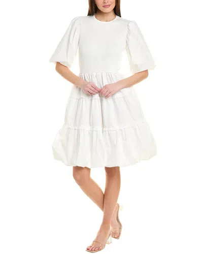 Gracia Spliced Gathered Puff Sleeve A-line Dress In White