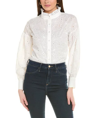 Gracia Floral Embroidered Hick-neck Frill Shirt In White