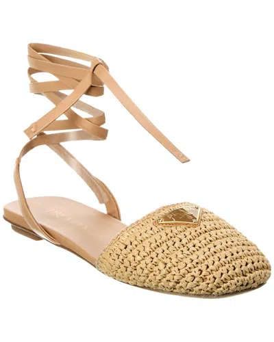 Prada Woven Raffia Flat Sandals With Round Toe In Beige
