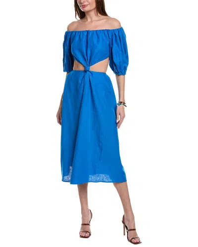 Farm Rio Cutout Waist Linen-blend Midi Dress In Blue