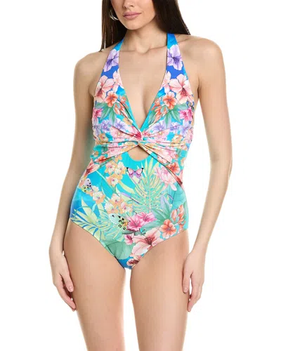 Johnny Was Twist-front Keyhole One-piece Swimsuit In Blue