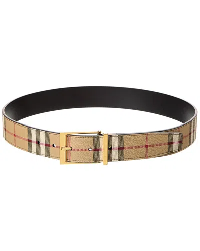 Burberry Check E-canvas & Leather Belt In Yellow