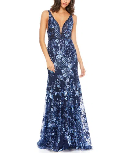 Mac Duggal Floral Embellished Sleeveless Plunge Neck Gown In Blue