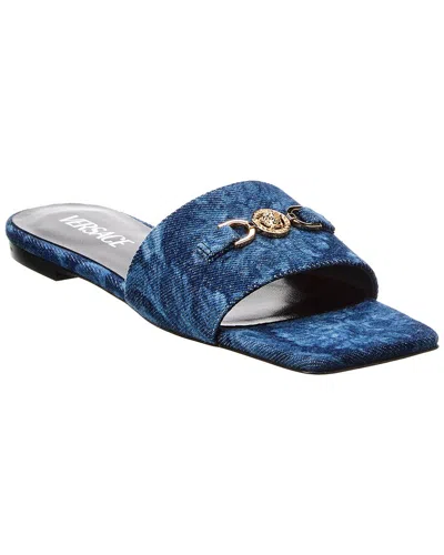 Versace Medusa Denim Flat Slide Sandals In Blue