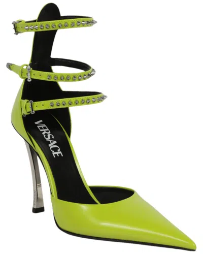 Versace Spiked Pin Point Leather Pump In Green
