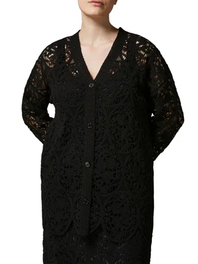 Marina Rinaldi Ardea Embroidered Cotton Blend Cardigan In Black