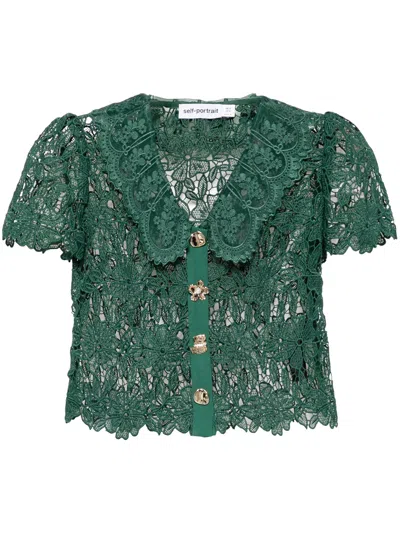 Self-portrait Floral-lace V-neck Top In Green