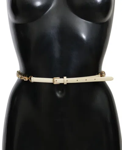 Dolce & Gabbana Champagne Crystal Embellished Leather Women's Belt In White