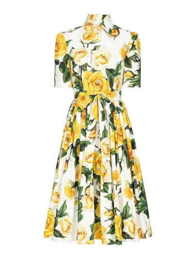 Dolce & Gabbana Cotton Shirt Dress With Yellow Rose Print In Weiss