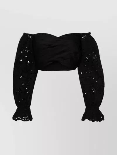 Self-portrait Broderie Anglaise Cropped Blouse In Black
