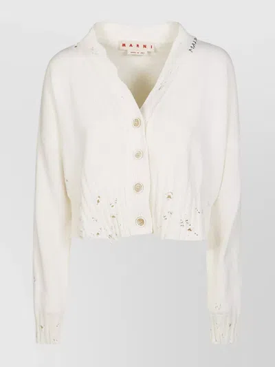 Marni Logo-embroidered Distressed Cardigan In White
