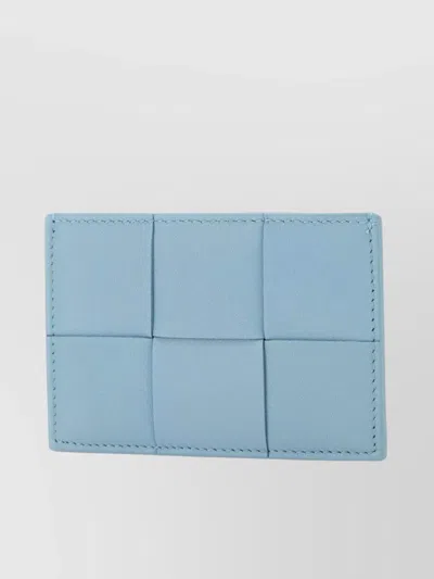 Bottega Veneta Leather Rectangular Card Holder With Stitched Detail In Light Blue