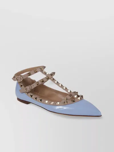 Valentino Garavani Rockstud Pointed Toe Ballerina Shoes In Ygs Popeline Blue Poudre