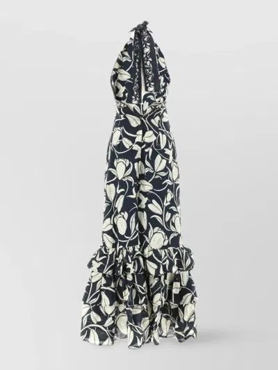 Agua By Agua Bendita Magnolia Flora Embellished Floral-print Linen Halterneck Maxi Dress In Blue