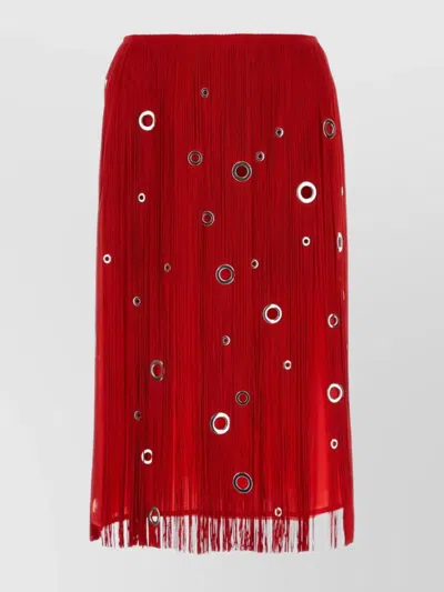 Prada Eyelet-embellished Fringe Skirt In Rosso