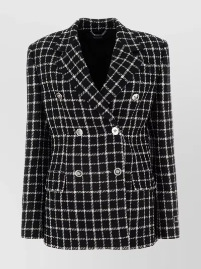 Versace Double-breasted Checked Wool-blend Tweed Blazer In Black White