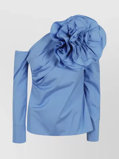 Balmain Cotton Poplin Rose Asymmetric Shirt In Blue