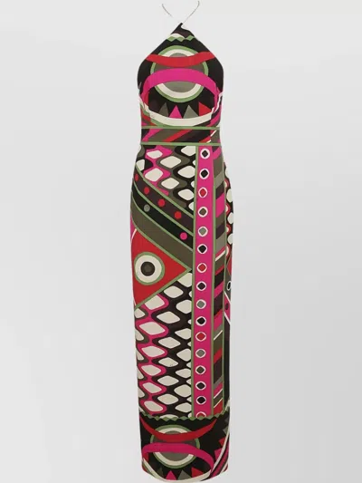 Emilio Pucci Foulard-print Silk Backless Halter Maxi Dress In Khaki/fuxia