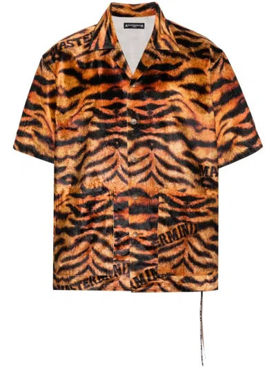 Mastermind Japan Tiger 印花丝绒效果衬衫 In Orange