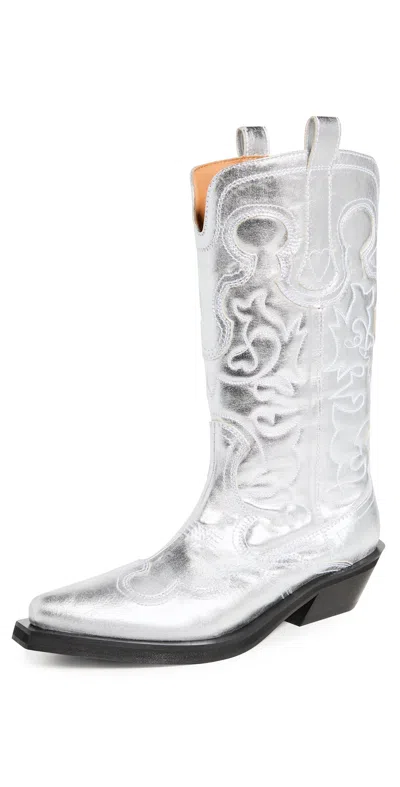 Ganni Mid Shaft Embroidered Western Boots Silver