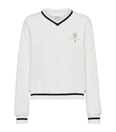 Brunello Cucinelli Tennis Logo Embroidered V-neck Long-sleeve Cotton Sweatshirt In Blanco