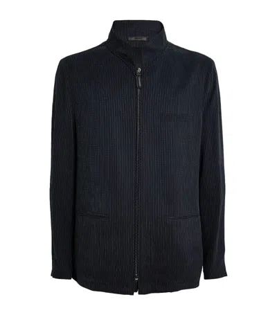 Giorgio Armani Zipped Ribbed Bomber Jacket In Blue