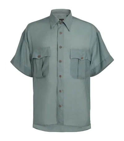 Giorgio Armani Lyocell Short-sleeve Cargo Shirt In Blue