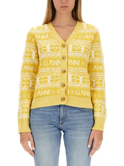 Ganni Cardigan With Logo In Yellow