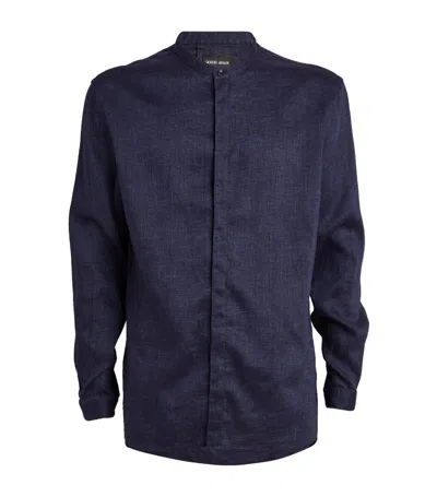 Giorgio Armani Linen Band-collar Shirt In Blue