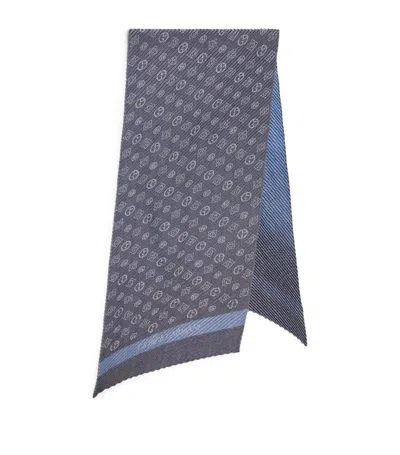 Giorgio Armani Silk-wool Blend Pleated Monogrammed Scarf In Blue