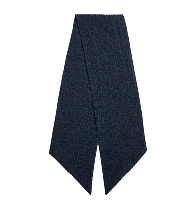 Giorgio Armani Silk-wool Pleated Logo Scarf In Blue