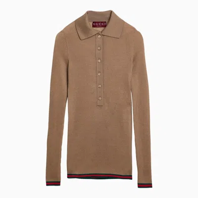 Gucci Camel Cashmere Long-sleeved Polo Shirt Women In Brown