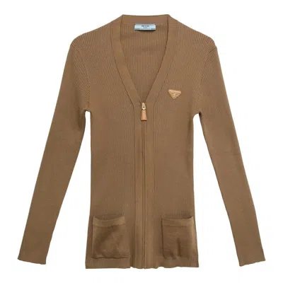 Prada Camel-coloured Zipped Cardigan Women In Brown