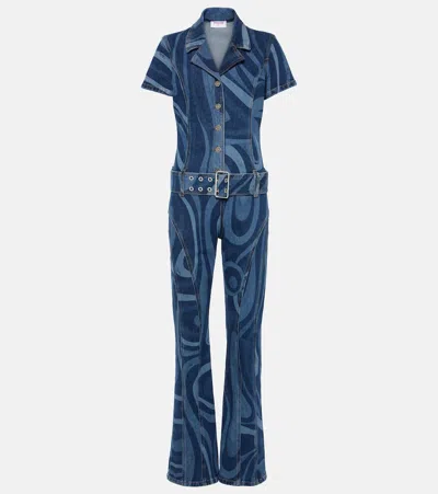 Pucci Printed Denim Long Jumpsuit In Blue