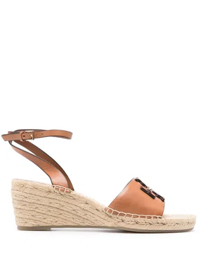 Tory Burch Ines Leather Double T Espadrilles In Brown