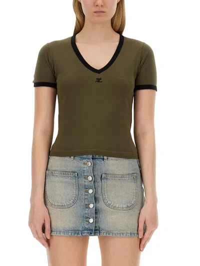 Courrèges Contrast V Neck T-shirt In Green