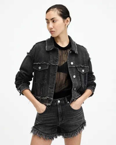 Allsaints Claude Relaxed Fit Frayed Denim Jacket In Washed Black