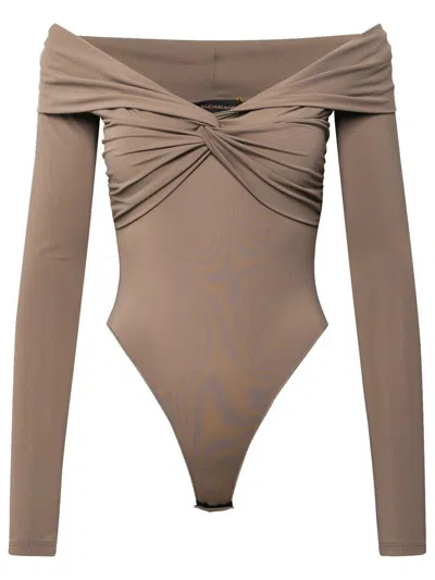 The Andamane Kendall Off The Shoulder Lycra Bodysuit In Brown