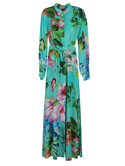 Kitagi® Kitagi Floral Print Silk Crepe Long Dress In Blue