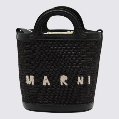 Marni Black Raffia And Leather Tropicalia Mini Bucket Bag