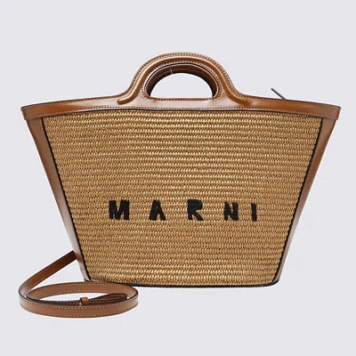 Marni Brown Leather And Raffia Tropicalia Small Tote Bag