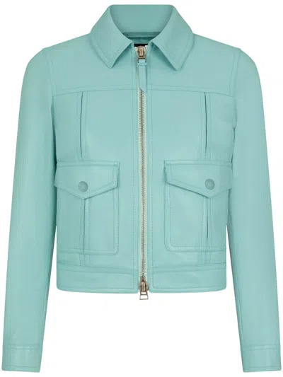 Tom Ford Cropped Leather Jacket In Blue