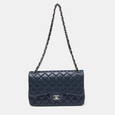 Pre-owned Chanel Blue Quilted Caviar Leather Jumbo Classic Double Flap Bag